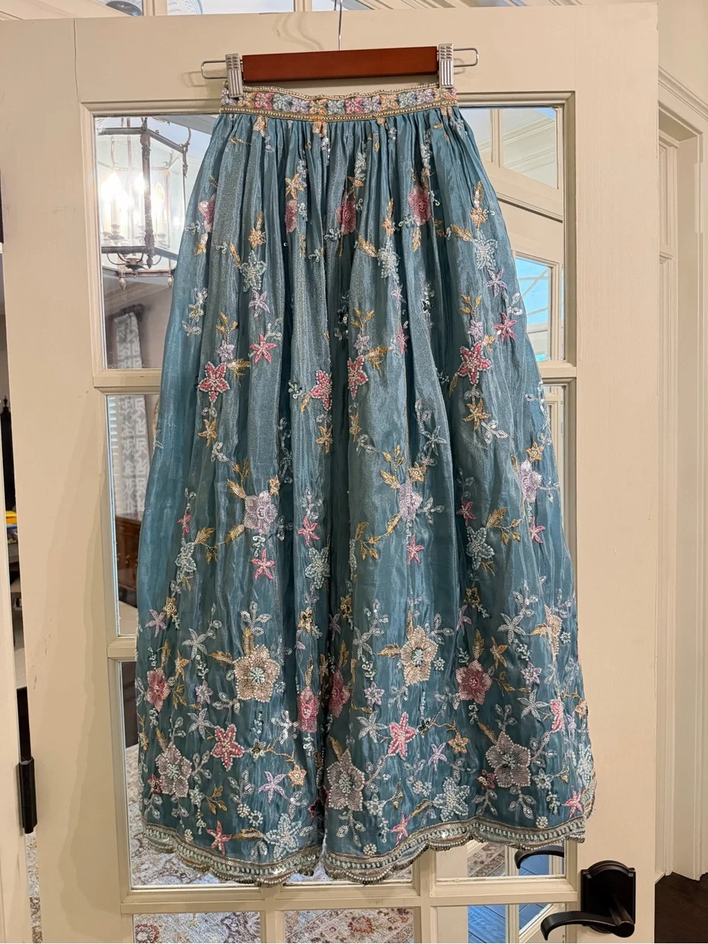 Embroidered Teal Floral Lehenga Dress Set with Pink Trim